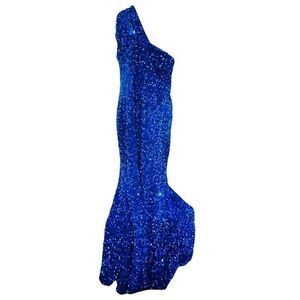 NWT HOUSE OF CHIC Bright Blue One Shoulder All-Over Sequin Evening Gown Semi For